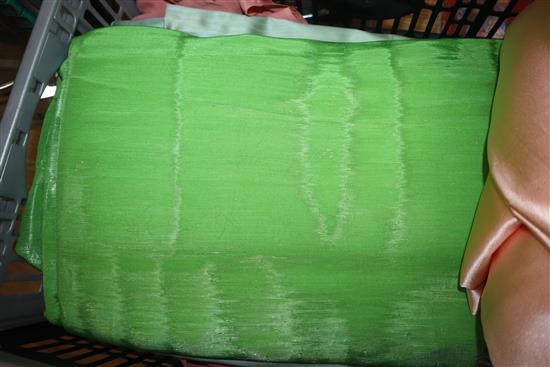 A 1930s length of lime green silk, another length of crepe de shine peach satin, etc